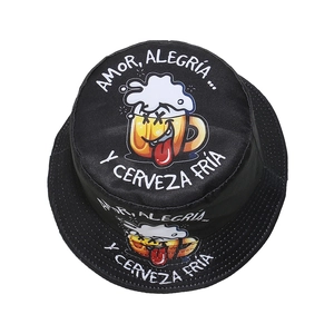 Black bucket hat with cartoon beer mug and AMOR ALEGRIA CERVEZA FRIA Spanish text