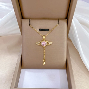 Heart Pendant Necklace With Angel Wings Pink Zircon Stainless Steel Chain Copper Tassel Charm For Women Elegant Jewelry