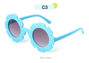 Side view of sky blue flower-shaped sunglasses with purple gradient lenses for kids