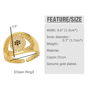 Size chart showing width and diameter of the gold devil's eye open ring with zircon stones