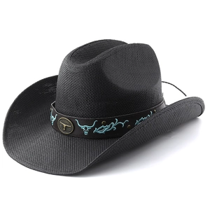Black woven cowboy hat with embroidered cattle skull band and metallic stud details