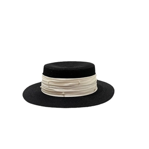 French style black straw hat with wide brim, white ribbon and pearl accents for women