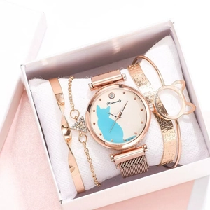 Close-up of women's gold quartz watch set with blue cat dial and matching bracelets