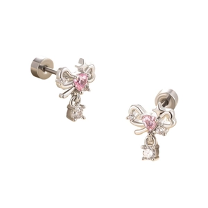 Titanium steel bow stud earrings with pink heart and clear round stones on white background