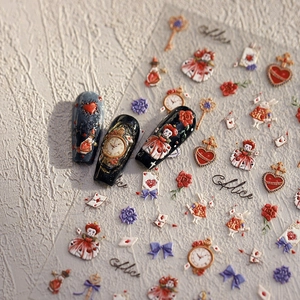 5D Alice in Wonderland nail stickers with retro clock and heart patterns for nail art