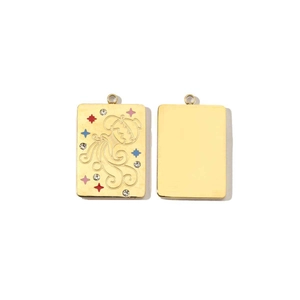 Detailed front and back view of a rectangular 14K gold plated Aries constellation pendant