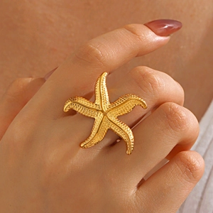 Starfish Open Ring Stainless Steel Vacuum Gold Plated Textured Sea Star Beach Ocean Jewelry For Women