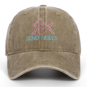 Close-up of khaki washed cotton baseball cap featuring female silhouette embroidery