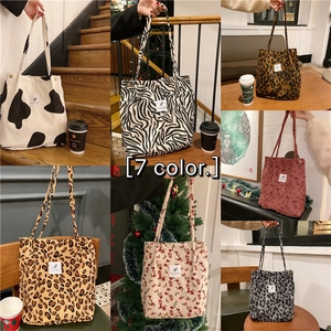 Retro Corduroy Tote Bag Large Capacity Shoulder Bag With Floral Animal Print Magnetic Buckle Casual Handbag Women