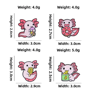Vue détaillée de quatre pins en émail axolotl rose avec motifs de thé et de collations