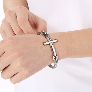 Vintage stainless steel cross bracelet with twisted cable wire band for men