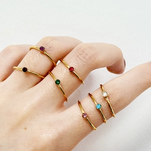 Minimalist Birthstone Ring Stainless Steel 18K Gold Plated Thin Band Round Cubic Zirconia Colorful Jewelry For Women