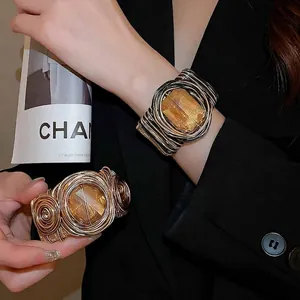 Bracelet Manchette Tissé Torsadé Avec Pierre En Cristal De Verre Carrée Ronde Fil Métallique Vintage Bohème Jonc Réglable