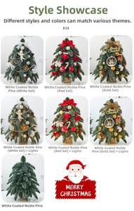Detail view of mini tabletop flocked Christmas trees with LED lights and gold decorations