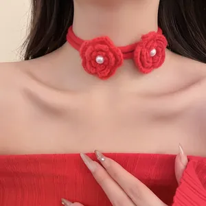 Handmade red crochet rose choker with pearls, elegant knit floral necklace for women
