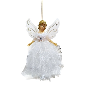 3D angel doll Christmas tree ornament with white glitter lace dress and golden wings