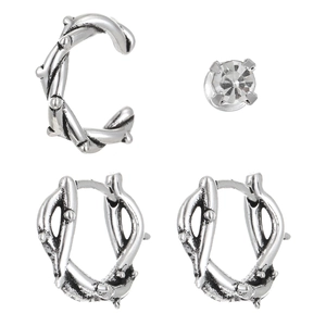 Gothic silver earring set showing thorn texture ear cuffs and zircon studs details