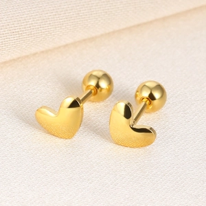 Detailed view of two gold heart-shaped stud earrings with secure screw-back ball closures