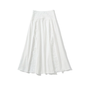 Elegant white lace patchwork maxi skirt with a-line cut and delicate vertical textures