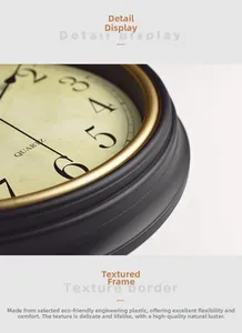 Close-up of vintage black and gold Nordic wall clock with textured frame and quartz movement