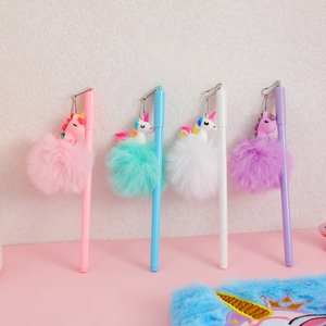 Unicorn Cartoon Gel Pen Cute Aesthetic Stationery With Plush Pom Pom And Soft Rubber Pendant For Students Kids Gift