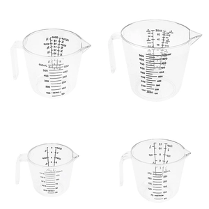 Set of 4 transparent plastic measuring cups with scales in 150ml 300ml 600ml 1000ml sizes