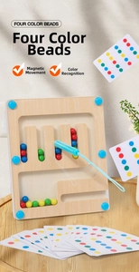 Close-up of magnetic pen guiding colorful beads in wooden maze for logic training