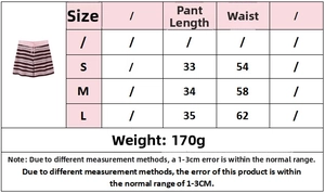 Detailed size guide for knitted stripe shorts set with precise measurements in CM