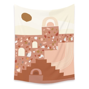 Detail of bohemian tapestry featuring abstract geometric arches and stairs in warm terracotta