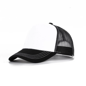 Detail of contrast mesh trucker hat with multi-row stitching on the black visor