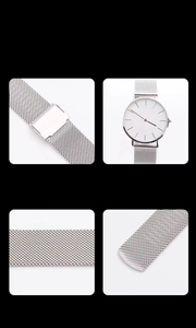 Detailed views of silver Milanese mesh watch strap with double safety clasp and flat ends
