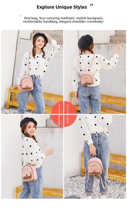 Pink mini PU leather backpack with bow detail shown in four different wearing styles