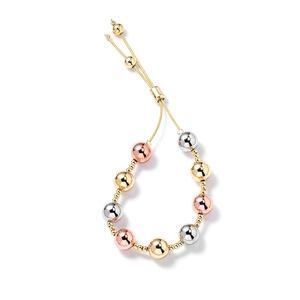 Three-tone metal beaded bracelet with adjustable slider clasp in gold, silver and rose gold