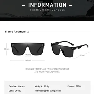 Unisex TR90 sunglasses with UV400 protection showing detailed size specifications