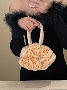 Elegant 3D rose satin evening handbag in champagne for formal weddings and galas