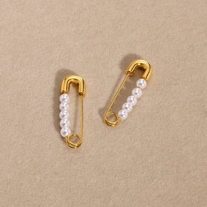 Stainless Steel Safety Pin Earrings IP Gold Plated With White Imitation Artificial Pearl Dainty Fashion Jewelry For Women