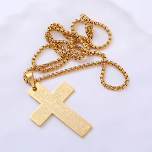Golden stainless steel cross pendant necklace with engraved Spanish prayer and box chain