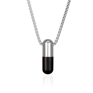 Collier avec pendentif capsule rétro en acier titane argenté et noir avec chaîne maille