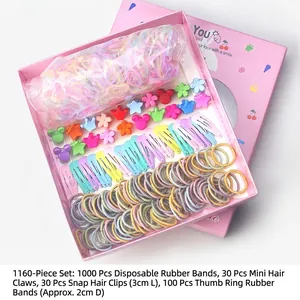 Detailed 1160-piece kids hair accessory set including rubber bands and clips in a gift box