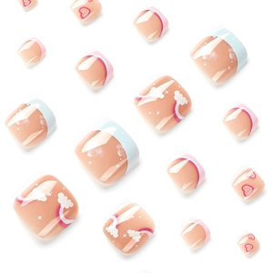 Blue and pink French toe press-on nails with rainbow clouds and heart patterns