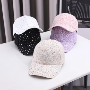 Lace baseball caps for women with rhinestone floral patterns in five assorted colors