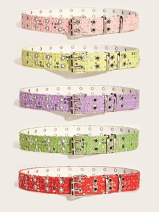 Close-up of punk style star grommet belts in pink, yellow, purple, green, and red glitter