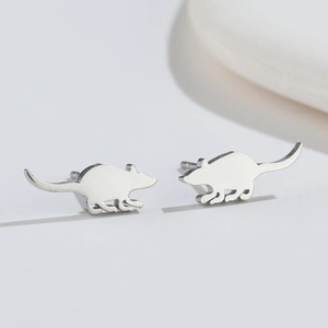 Polished silver stainless steel mouse stud earrings for women on white background