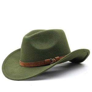 Classic dark green wool western cowboy hat with brown leather belt and gold buckle