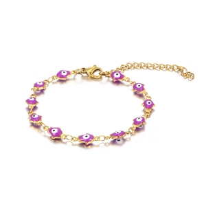 Detail of golden Hamsa Hand bracelet with purple enamel evil eye charms and lobster clasp
