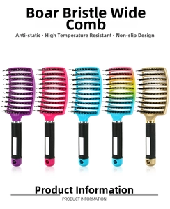 Detail of five multi-color curved vent hairbrushes with natural boar bristles and matte handles