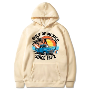 Beige Gulf of Mexico vintage beach hoodie with palm tree and sun print on white background
