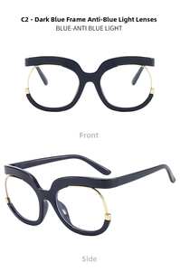 Detail of Y2K owl geometric blue light blocking glasses with dark blue frames