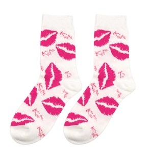 Detail of white cotton socks with red lip patterns and pink KISS text design