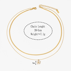 Double-layered gold necklace with flower zircon pendant showing dimensions and 7.1g weight